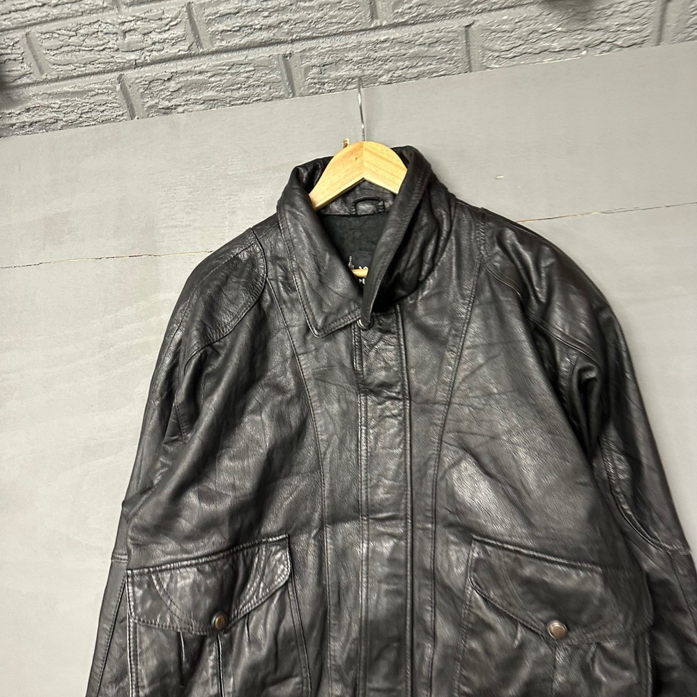 London Fashions‎ Men's Black Leather Jacket Size Large Classic Bomber Style